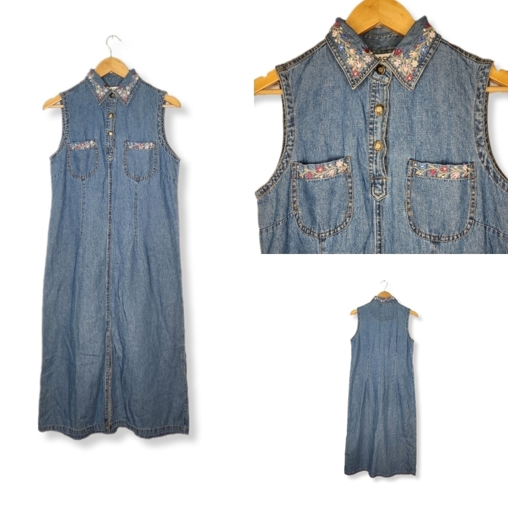 Vintage Floral Embroidered Denim Sleeveless Button Shirt Dress Medium